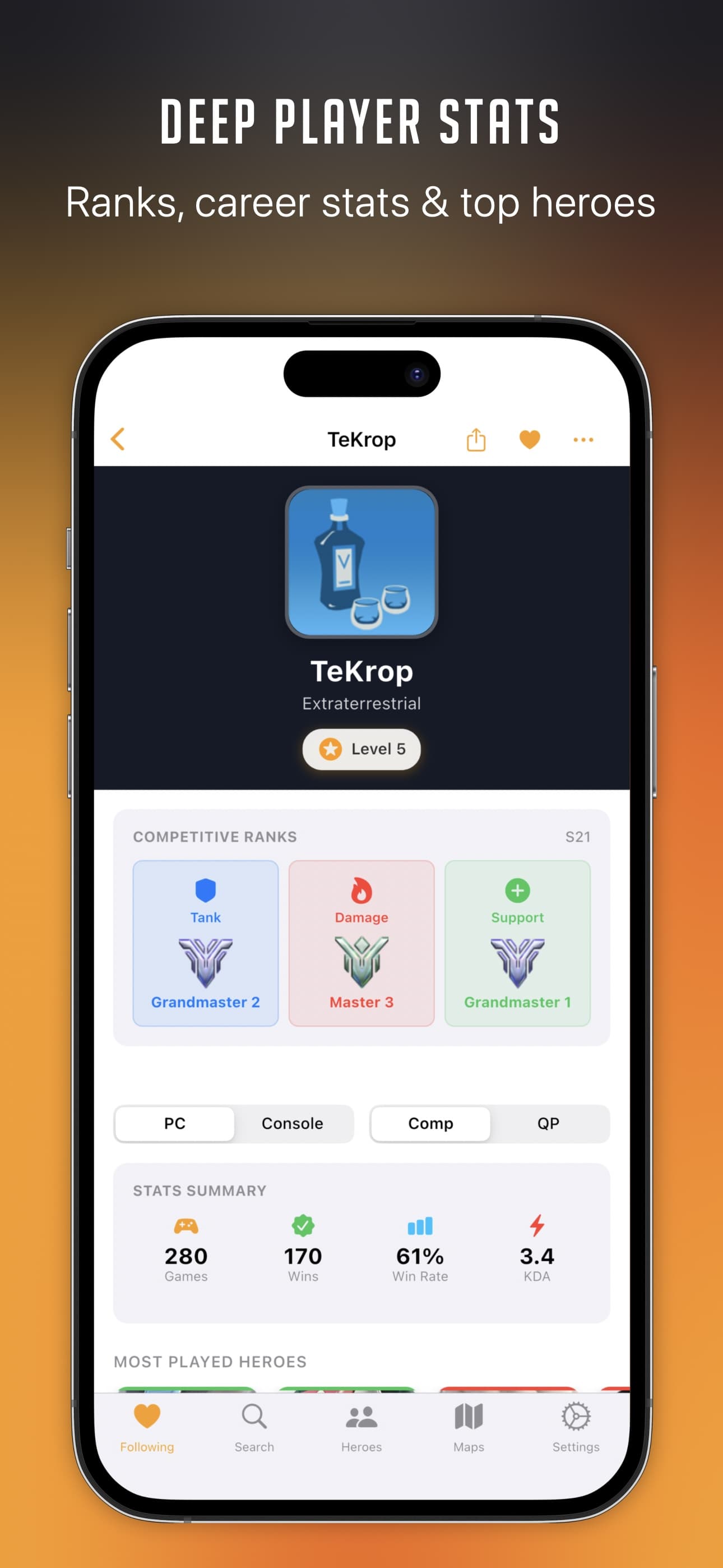 Overwatch 2 player profile for the BattleTag TeKrop showing Grandmaster 2 Tank, Master 3 Damage and Grandmaster 1 Support ranks above a stats summary of 280 games, 170 wins, 61 percent win rate and 3.4 KDA