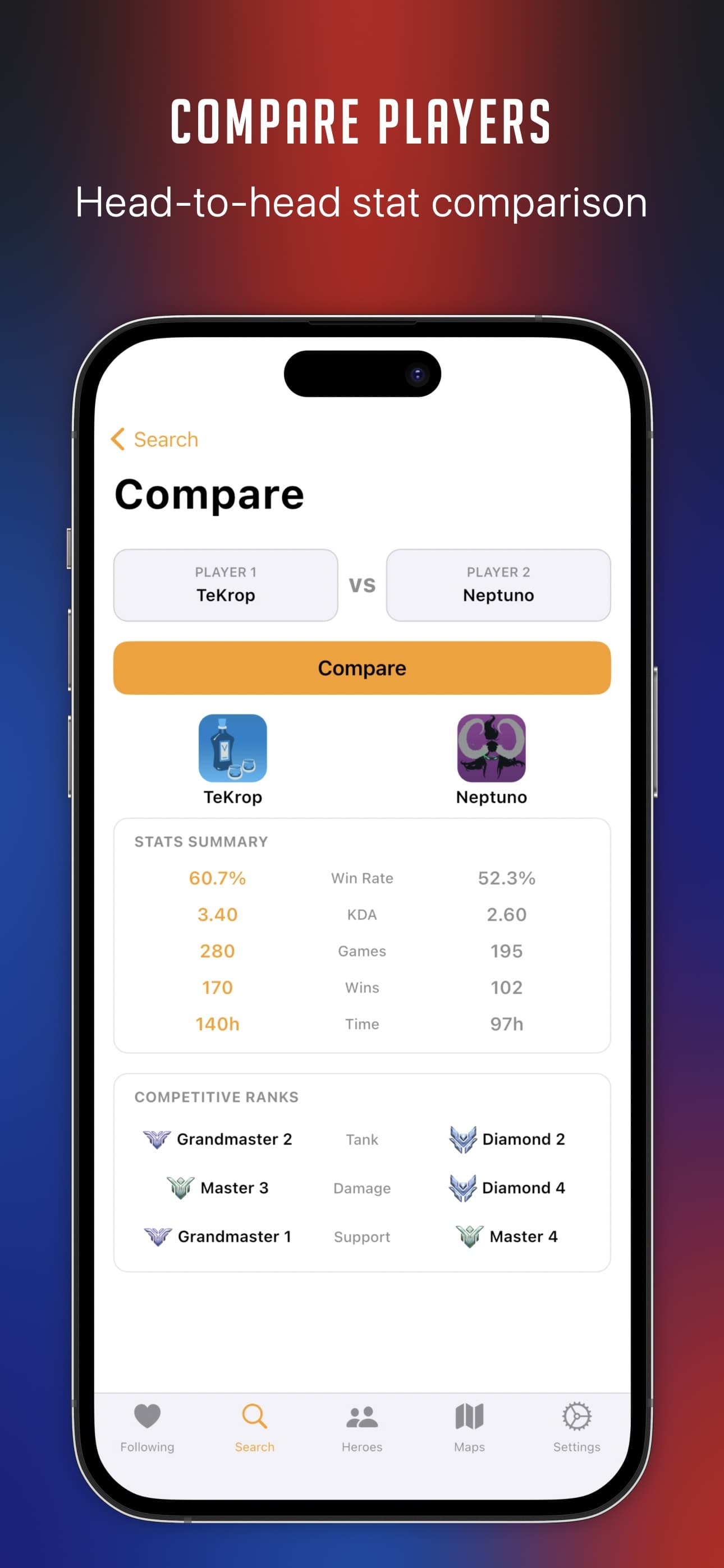 Comparison screen with two players side by side, win rate, KDA, games, wins and hours in a column each, and their Tank, Damage and Support ranks listed below